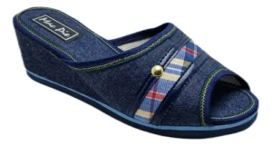 Chinelas de Jean para Mujer con Taco Chino 5 cm y Detalles Escoceses
