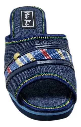 Chinelas de Jean para Mujer con Taco Chino 5 cm y Detalles Escoceses