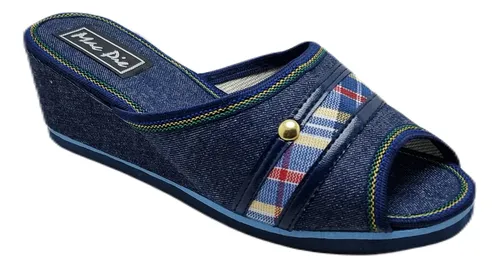 Chinelas de Jean para Mujer con Taco Chino 5 cm y Detalles Escoceses