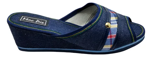 Chinelas de Jean para Mujer con Taco Chino 5 cm y Detalles Escoceses